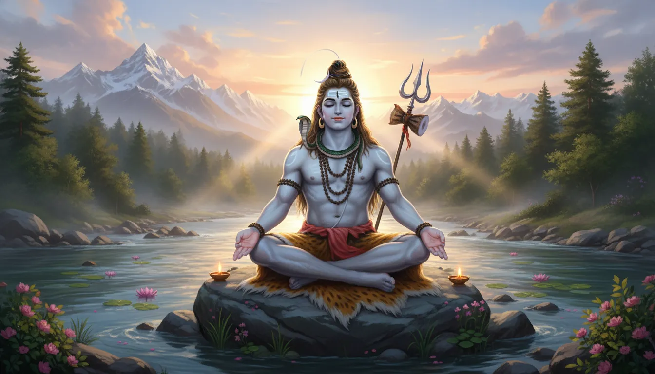 Lord Shiva HD image near sacred river during sunrise with spiritual glow.