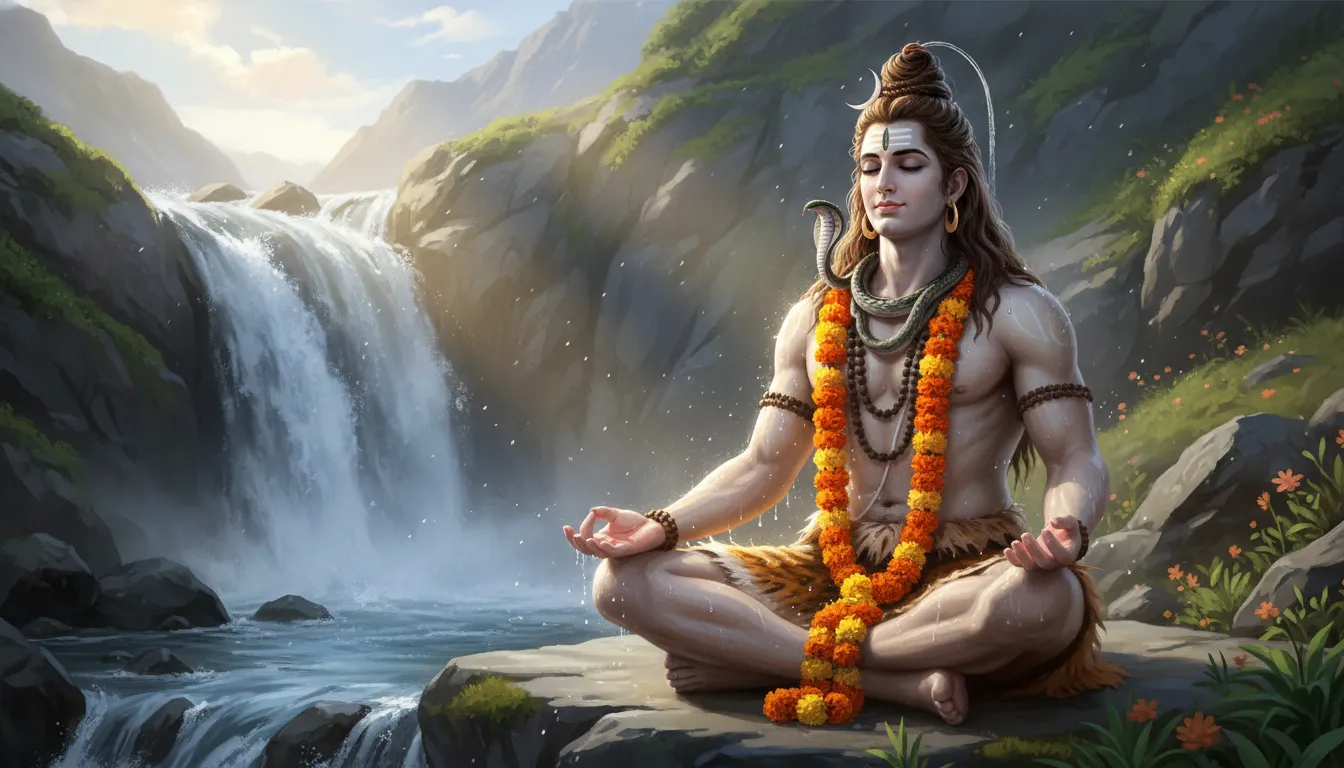 A realistic digital painting of Lord Shiva sitting cross-legged next to a rushing mountain waterfall, with his damp Jata glistening with water droplets.