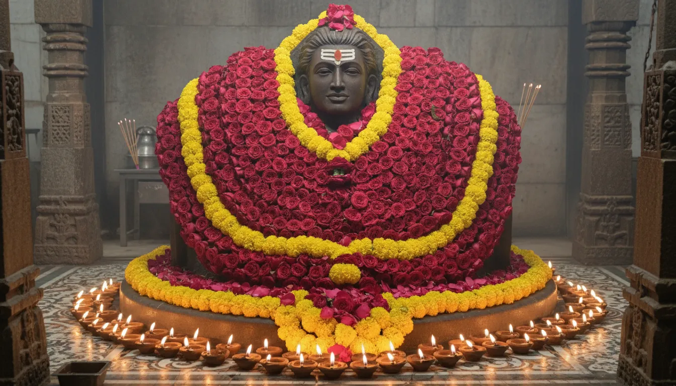 Lord Shiva temple statue decorated with fresh red roses and yellow marigold flowers