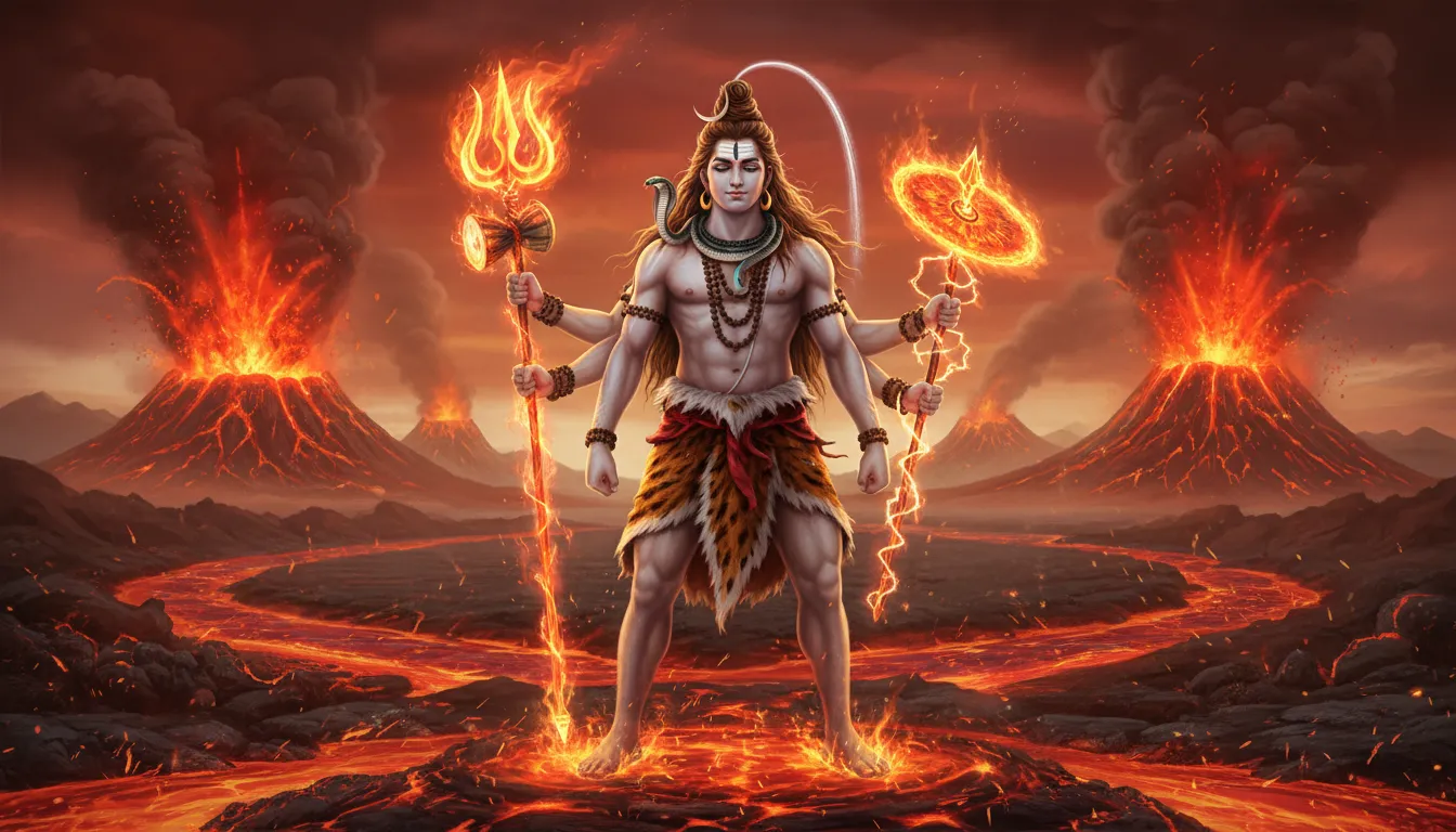 Lord Shiva with glowing trident standing in molten lava surrounded by erupting volcanoes.