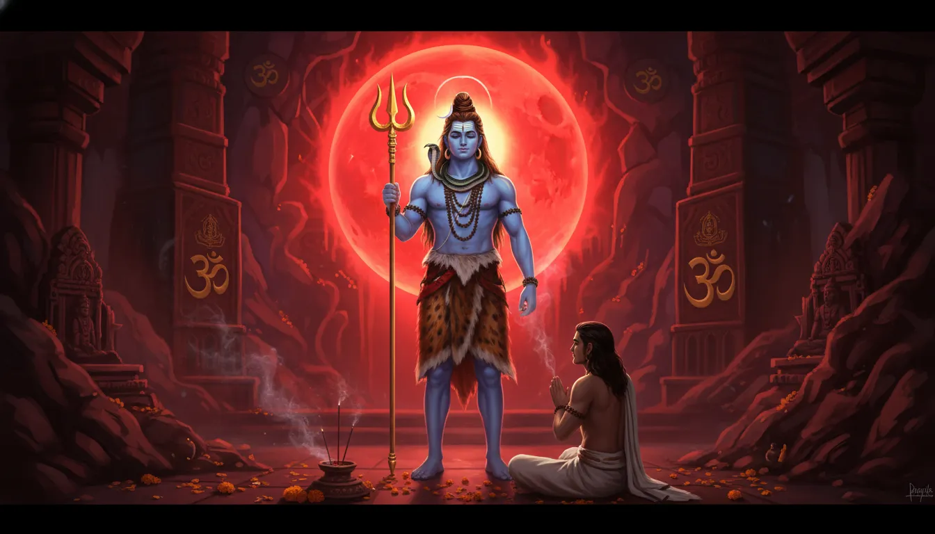 Lord Shiva standing with a trident in front of a glowing red circular background while a devotee sits in meditation.