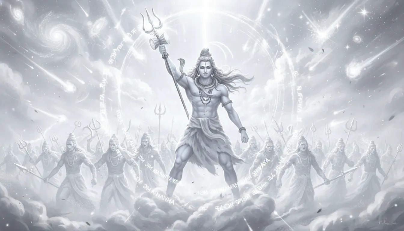 An energetic illustration of Lord Shiva holding a trident (Trishul) high amidst a spiritual army.