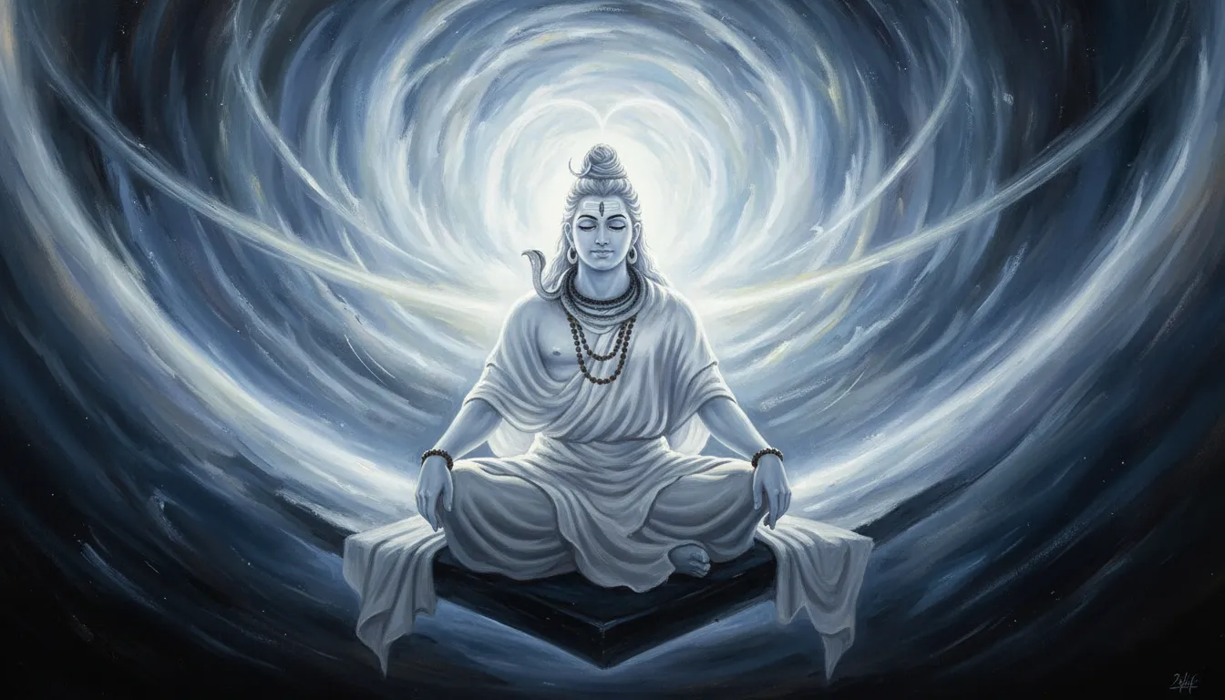 Lord Shiva wearing a white dress sitting peacefully near a glowing cosmic vortex and event horizon.