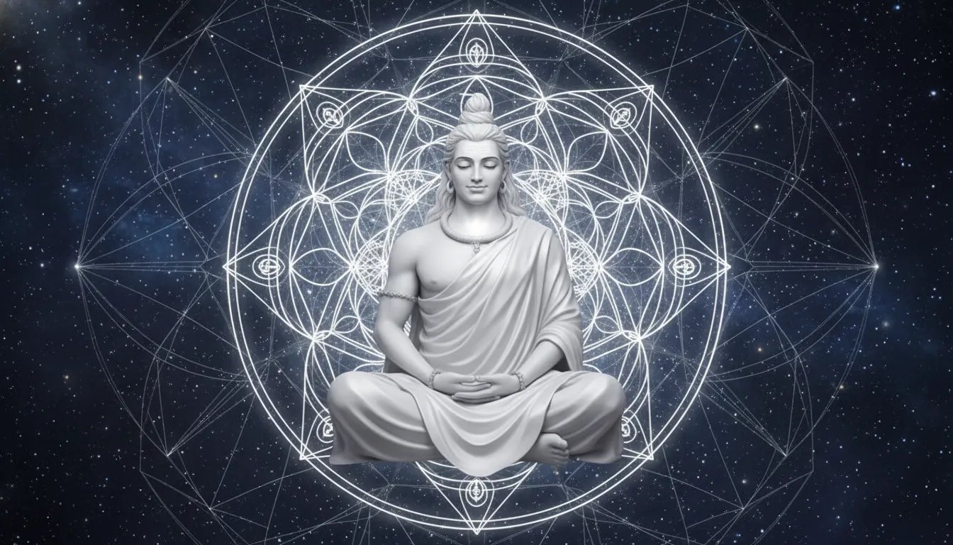 Lord Shiva in beautiful white dress meditating in front of a giant glowing sacred geometry mandala.