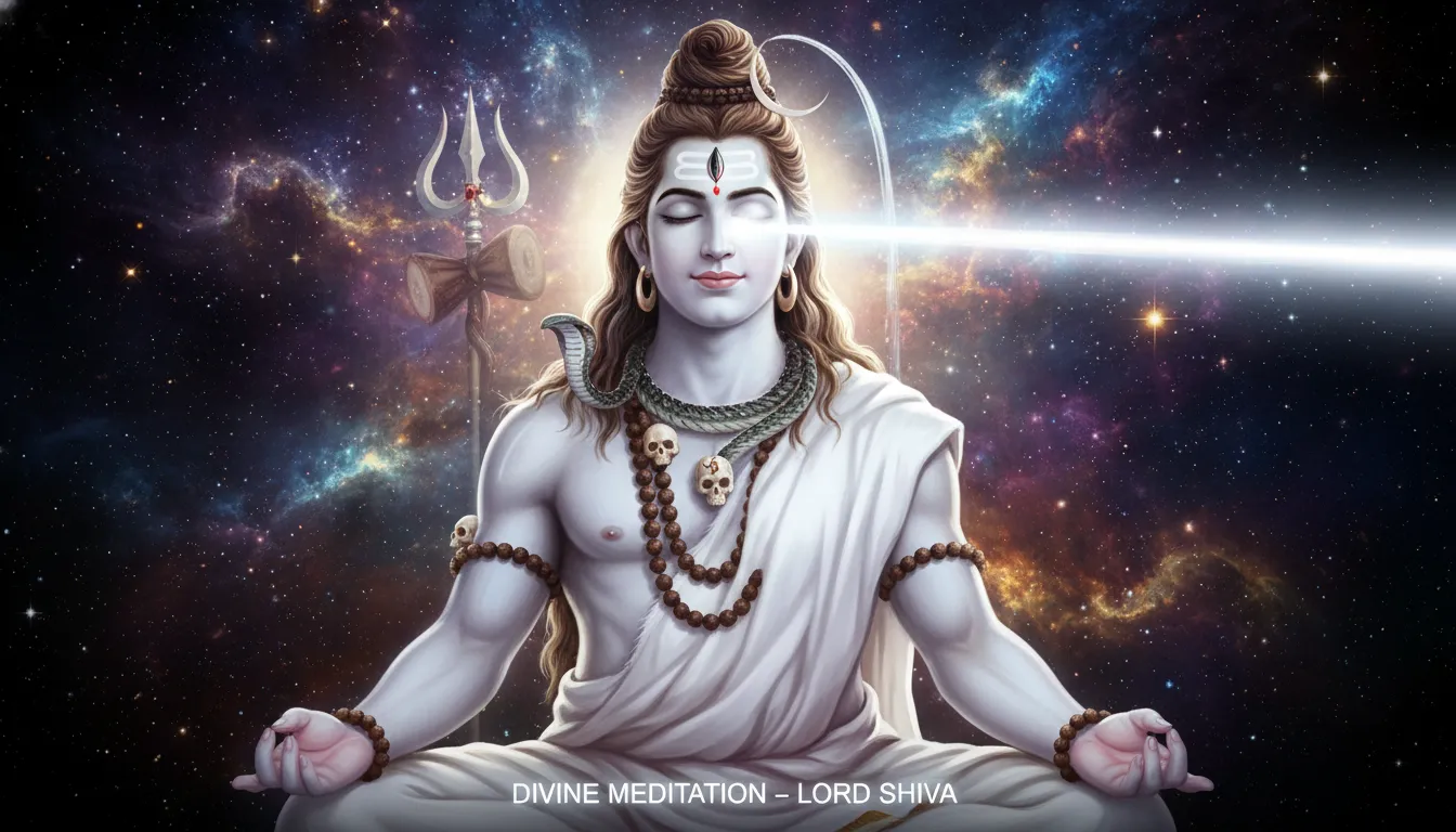 Detailed close up of Lord Shiva wearing a white dress meditating with his third eye glowing brightly.