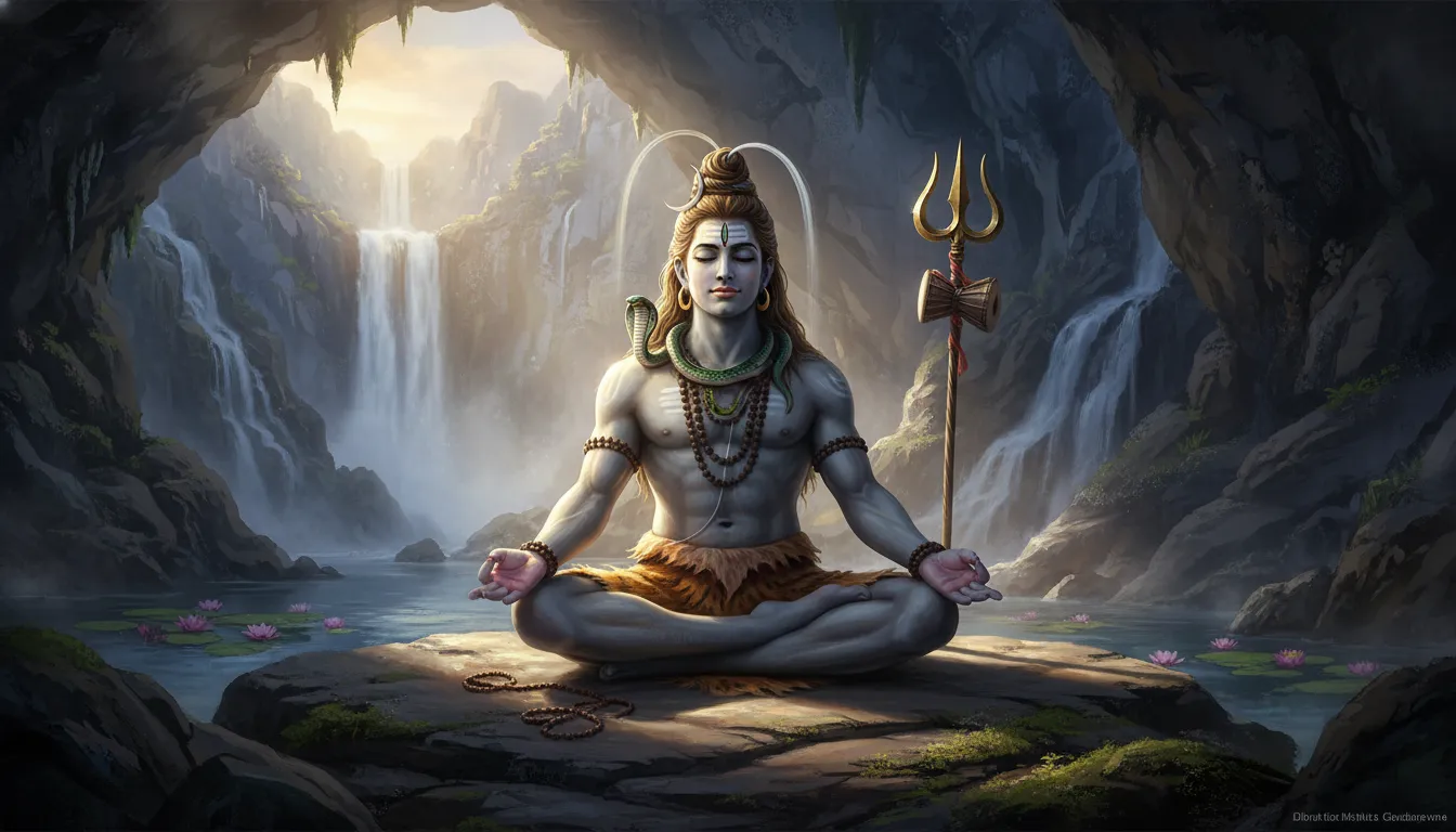 Lord Shiva in yoga posture meditating deeply in cold mountain environment
