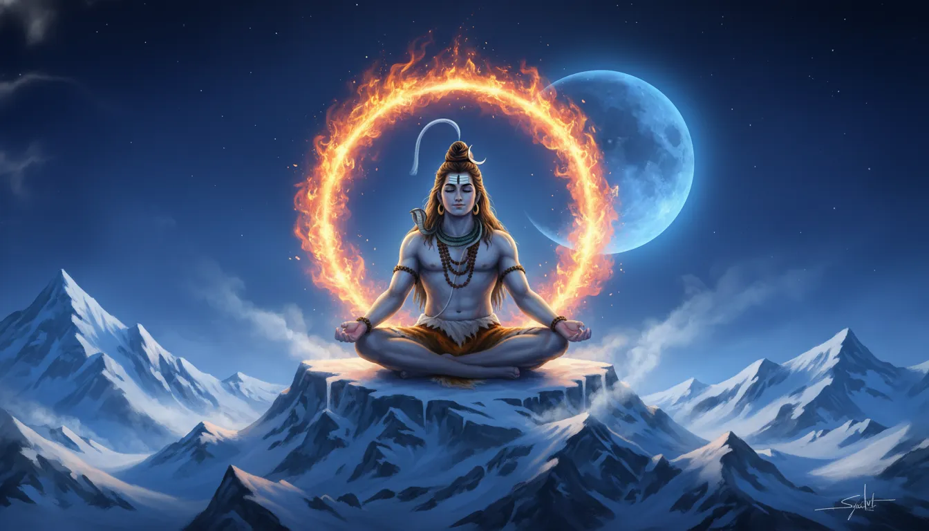 Lord Shiva sitting on the snowy peaks of Mount Kailash with a mystical ring of orange fire around him.