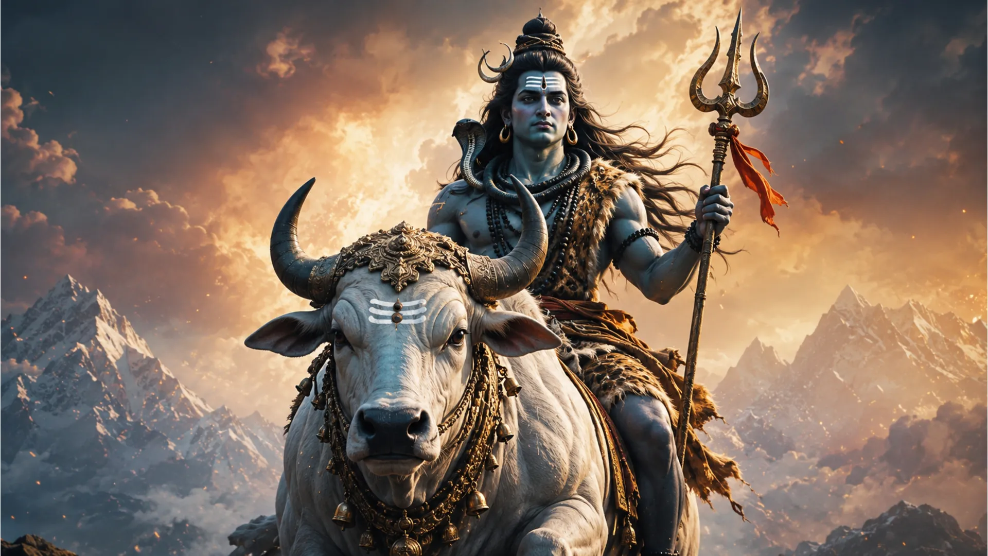 Lord Shiva rides Nandi, his sacred bull, holding a trident and showcasing divine strength.