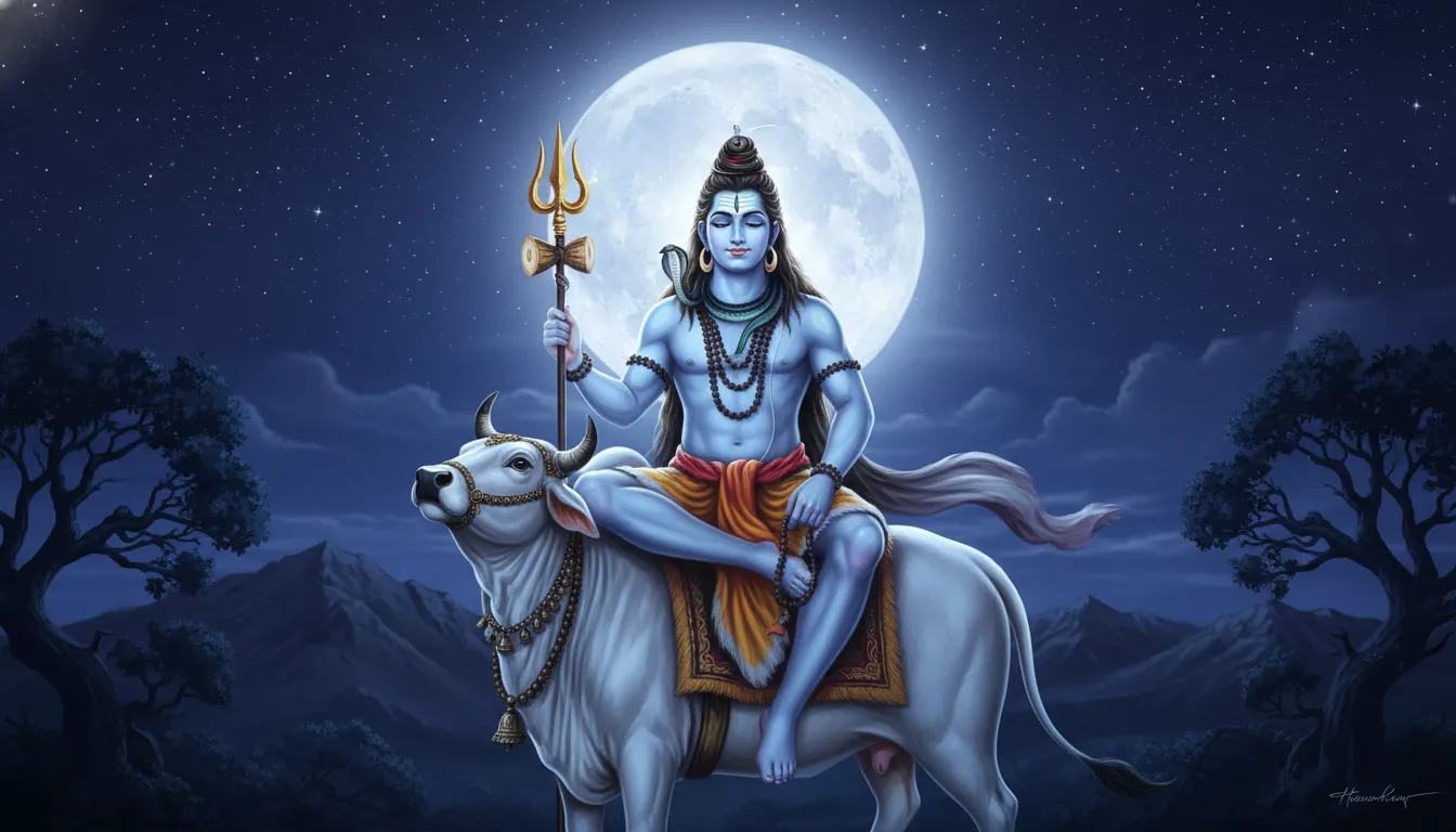 lord shiva on nandi with full moon and stars night sky background