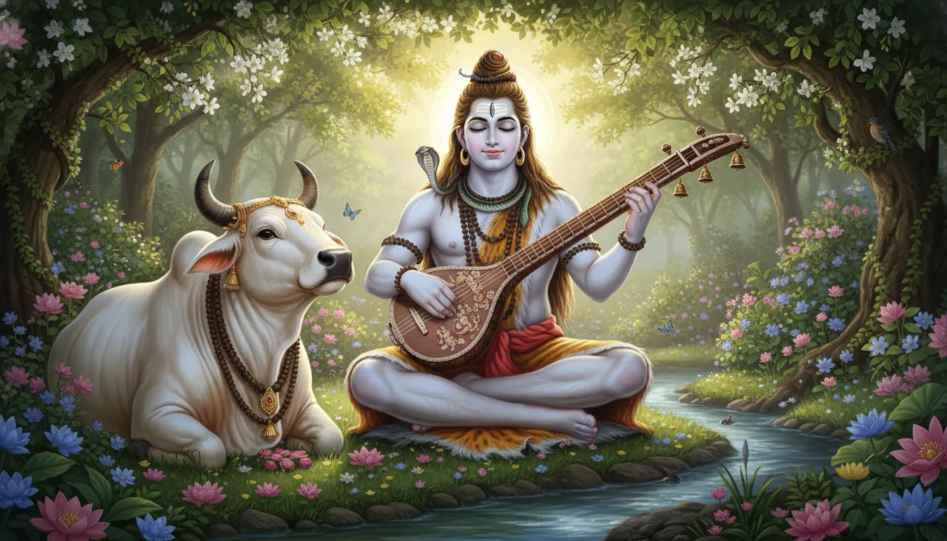 lord shiva on nandi holding tambura musical instrument peaceful scene
