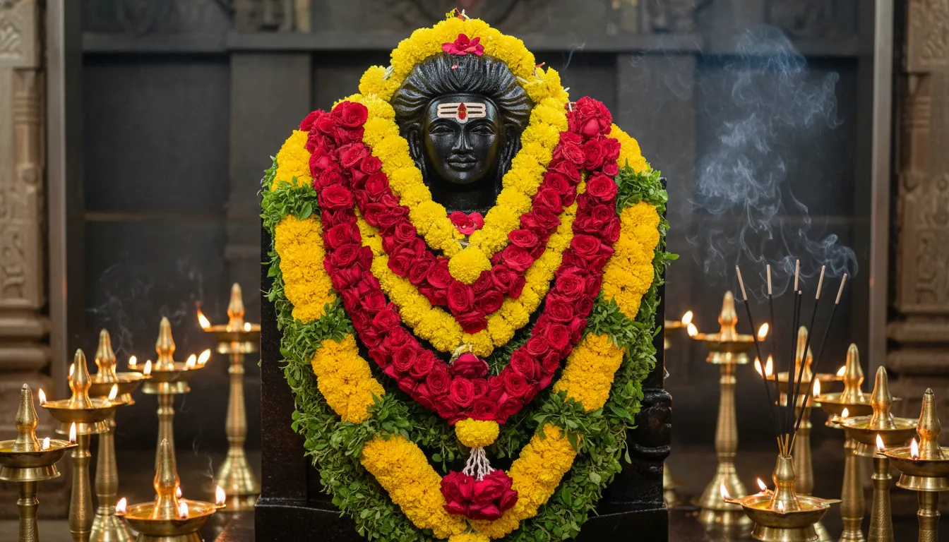 Black stone Lord Shiva statue decorated with traditional south Indian style garlands