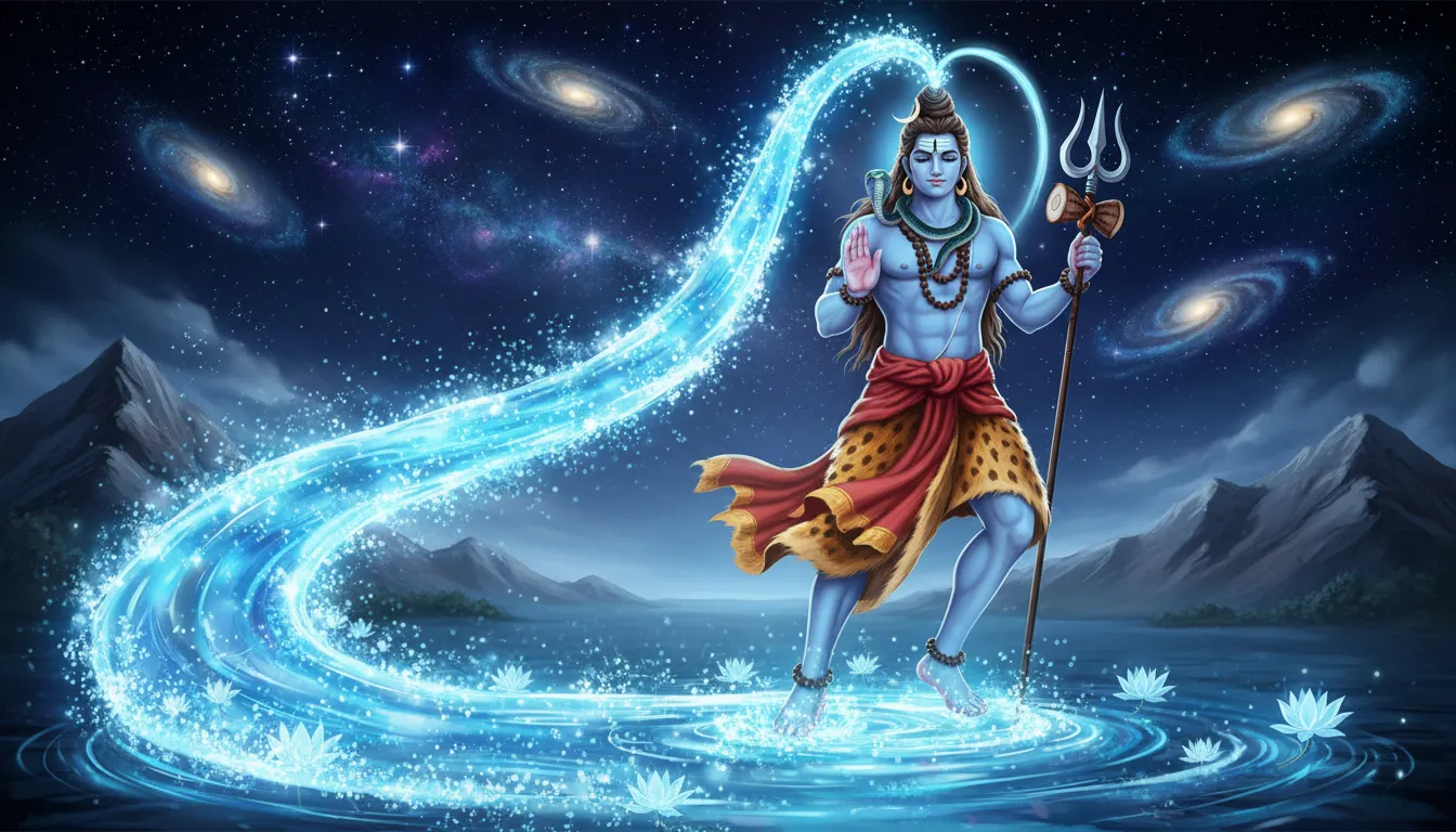 Animated Lord Shiva with Ganga flowing from his hair in a glowing mountain scene.