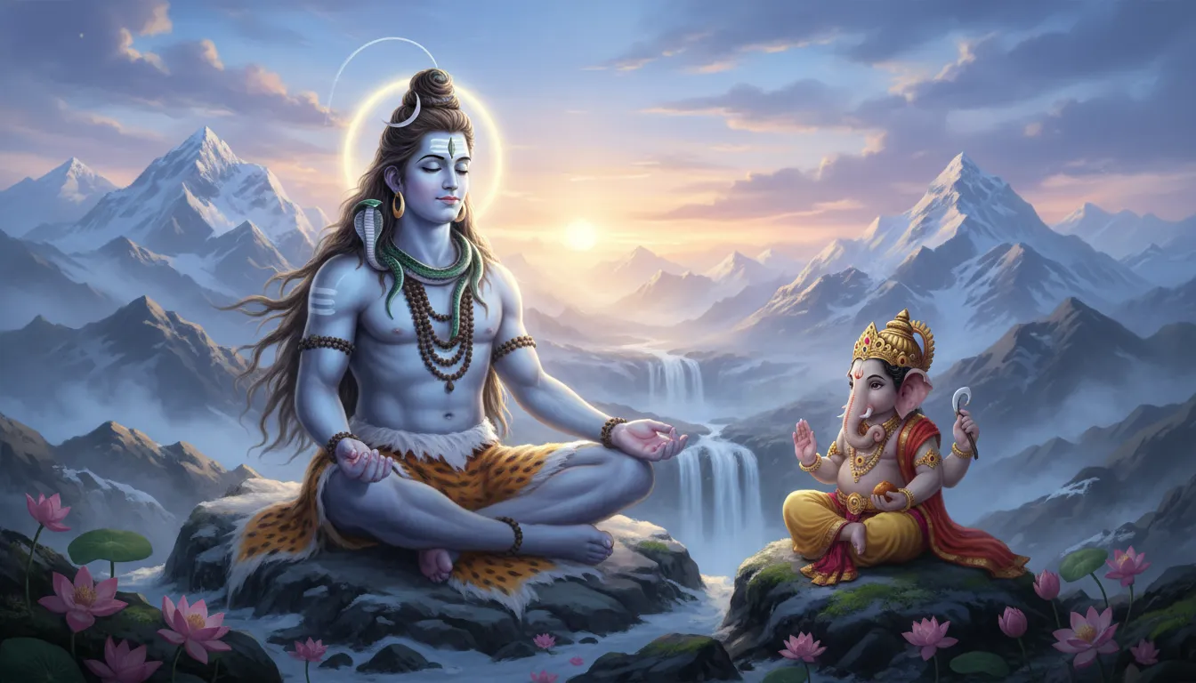 Lord Shiva meditating with Lord Ganesha nearby