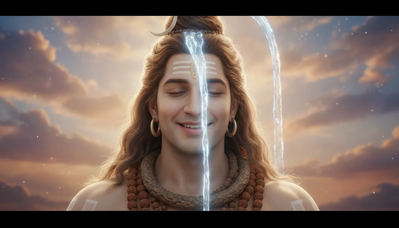 Close-up of smiling Mahadev with the holy river Ganga cascading from his matted locks.