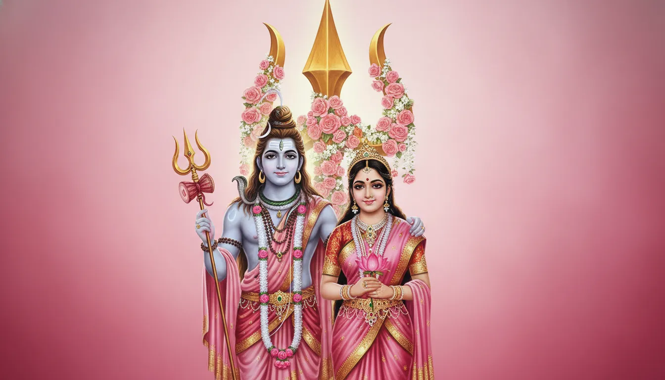 Pink themed Shiva and Parvati standing together, trident decorated with pink flowers behind them