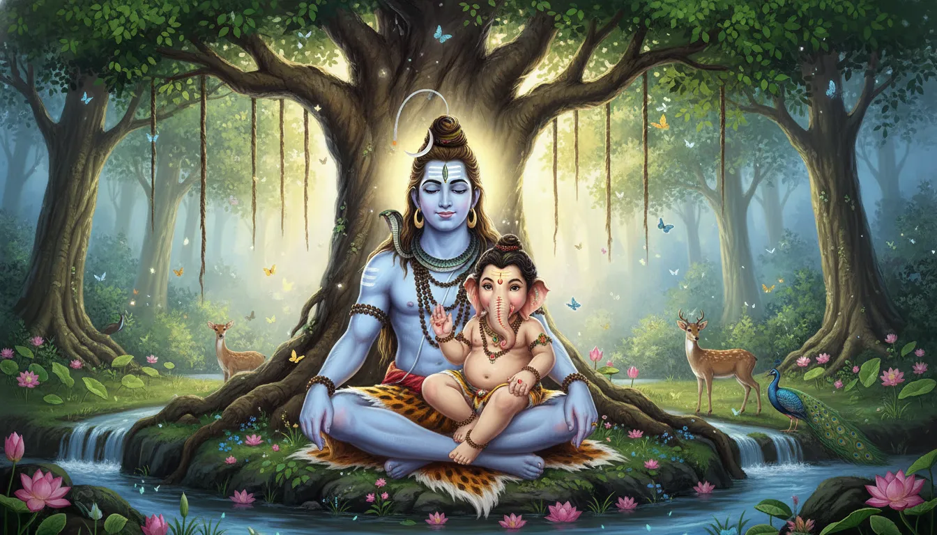 Lord Shiva sitting with young Ganesha in a peaceful scene