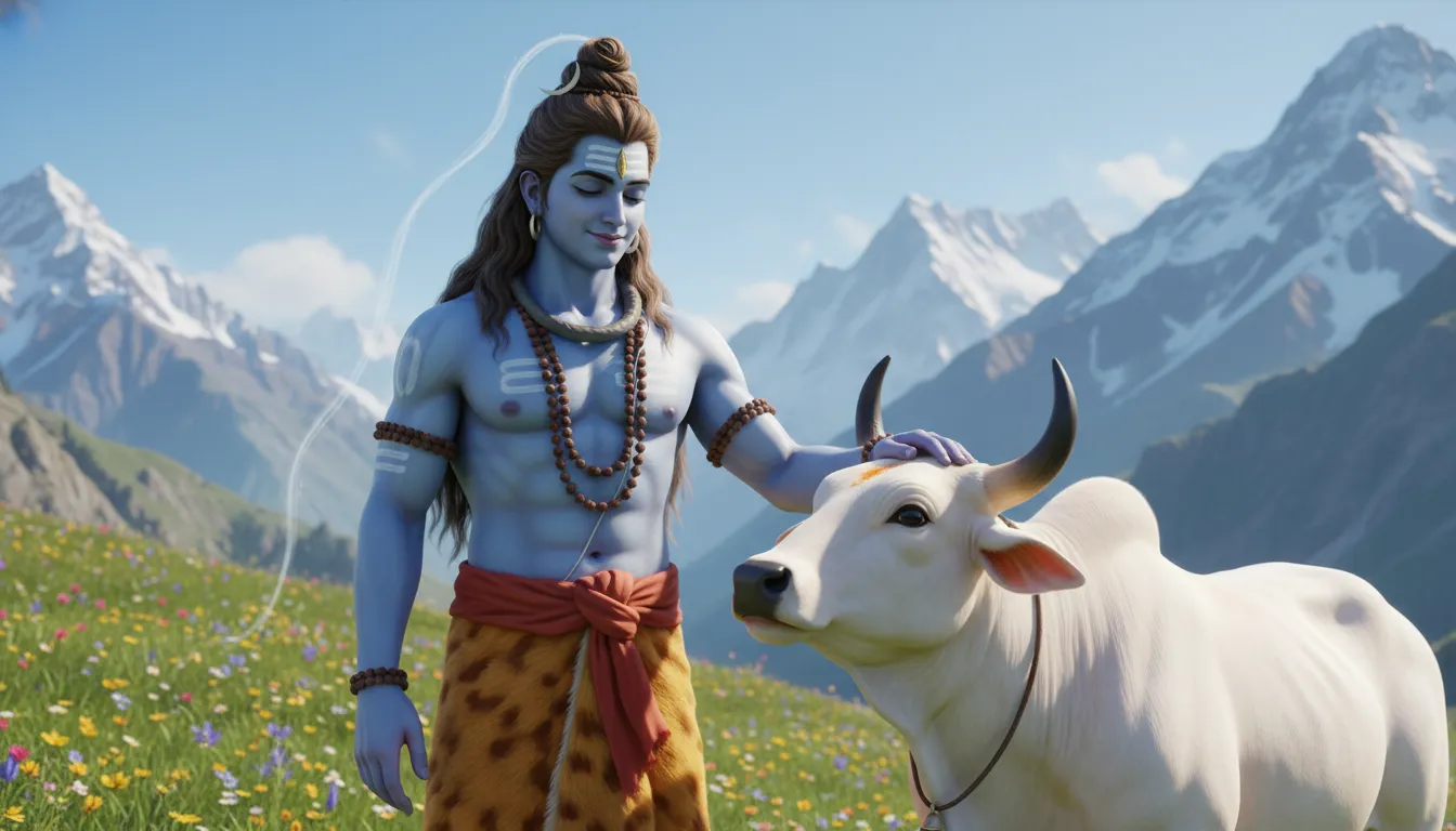 Lord Shiva affectionately resting his hand on his loyal vehicle Nandi bull.