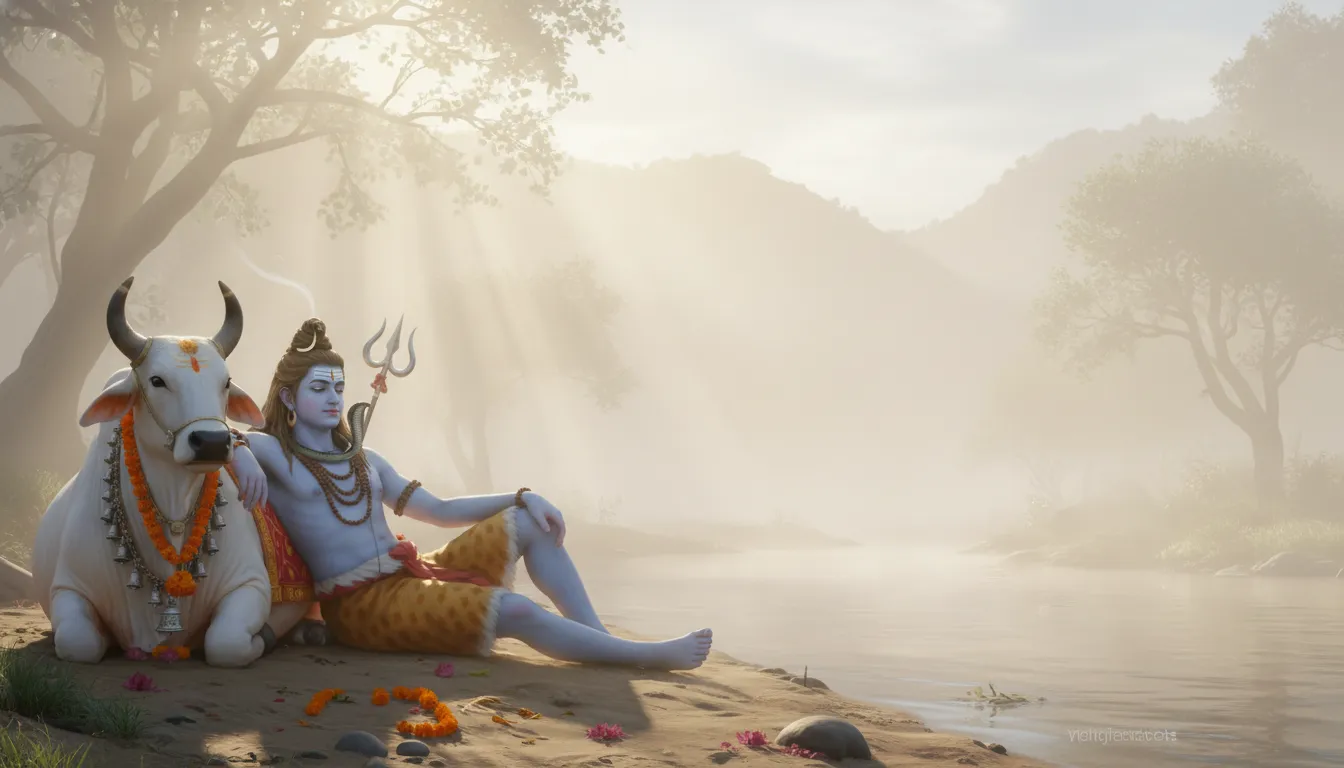 Lord Shiva sitting peacefully with his sacred vehicle Nandi the bull in 1080p.