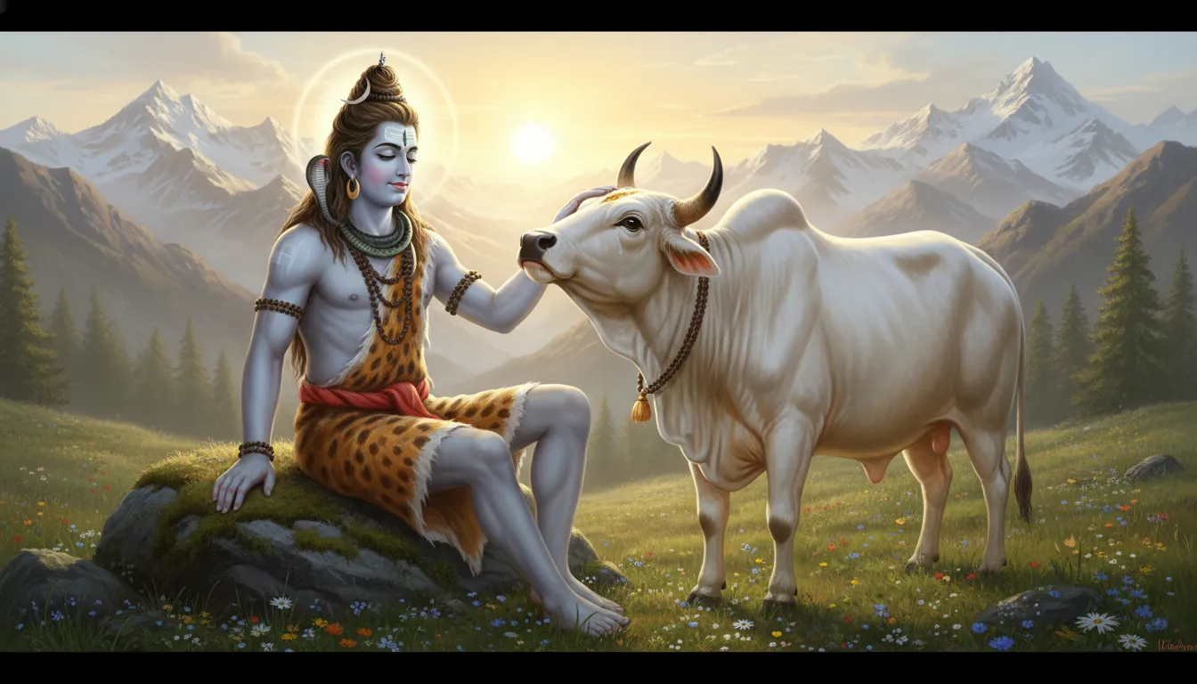 Mahadev sitting with his sacred vehicle Nandi bull in morning devotion HD image