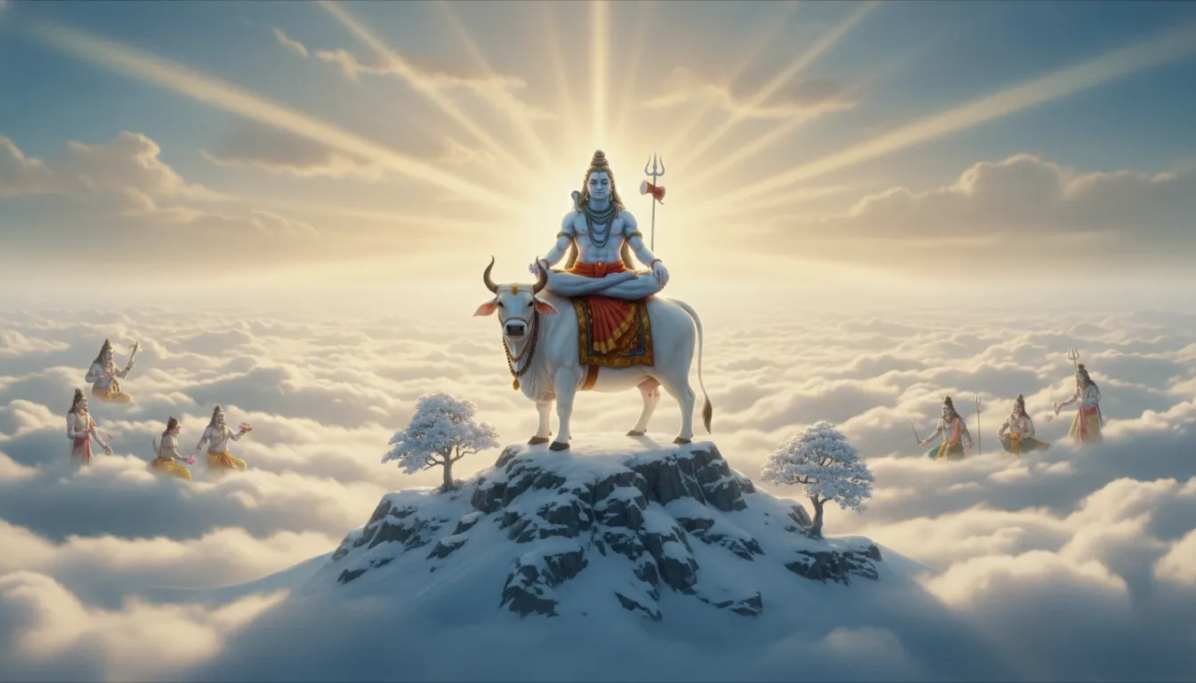 Animated Lord Shiva sitting on Mount Kailash with Nandi and a glowing sunset background.
