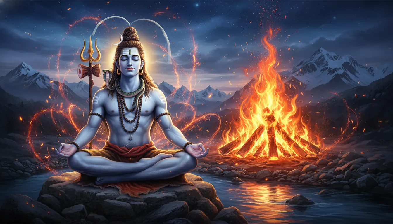 Lord Shiva meditating near a glowing fire with icy landscape surroundings
