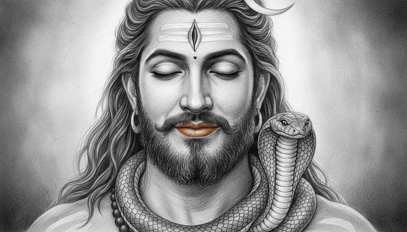 Black and white portrait artwork of Lord Shiva with Vasuki snake around his neck.