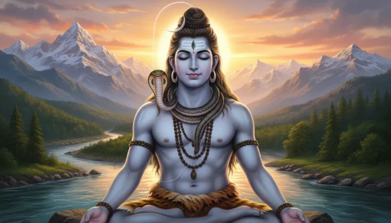Lord Shiva serene face with divine landscape background serpent adorning neck