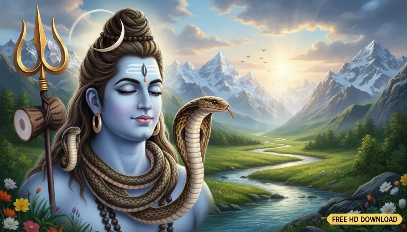 Lord Shiva's serene face with a divine landscape in the background, serpent