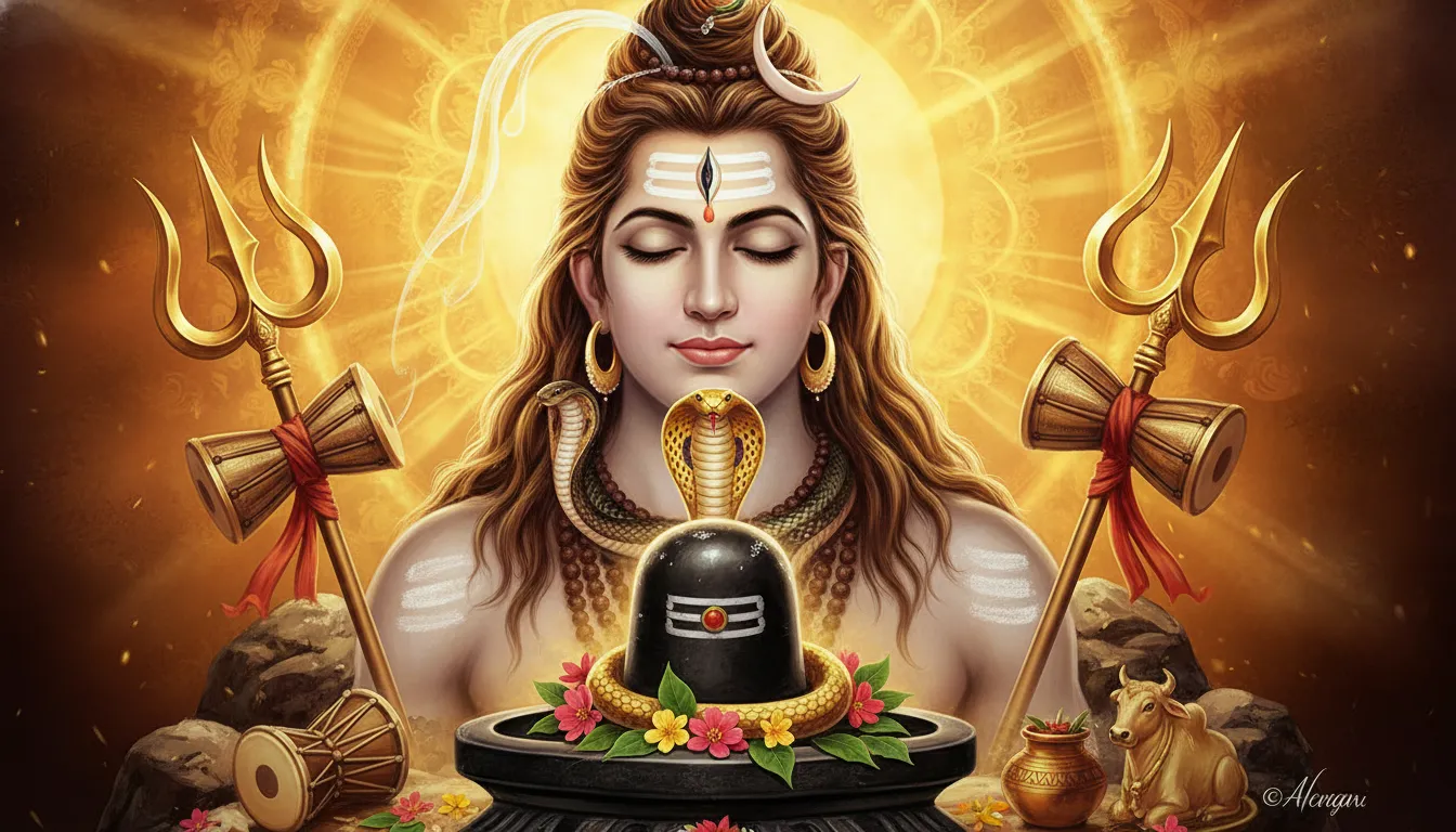 A close-up devotional portrait of Lord Shiva appears behind a Shiva lingam covered by a raised cobra hood.