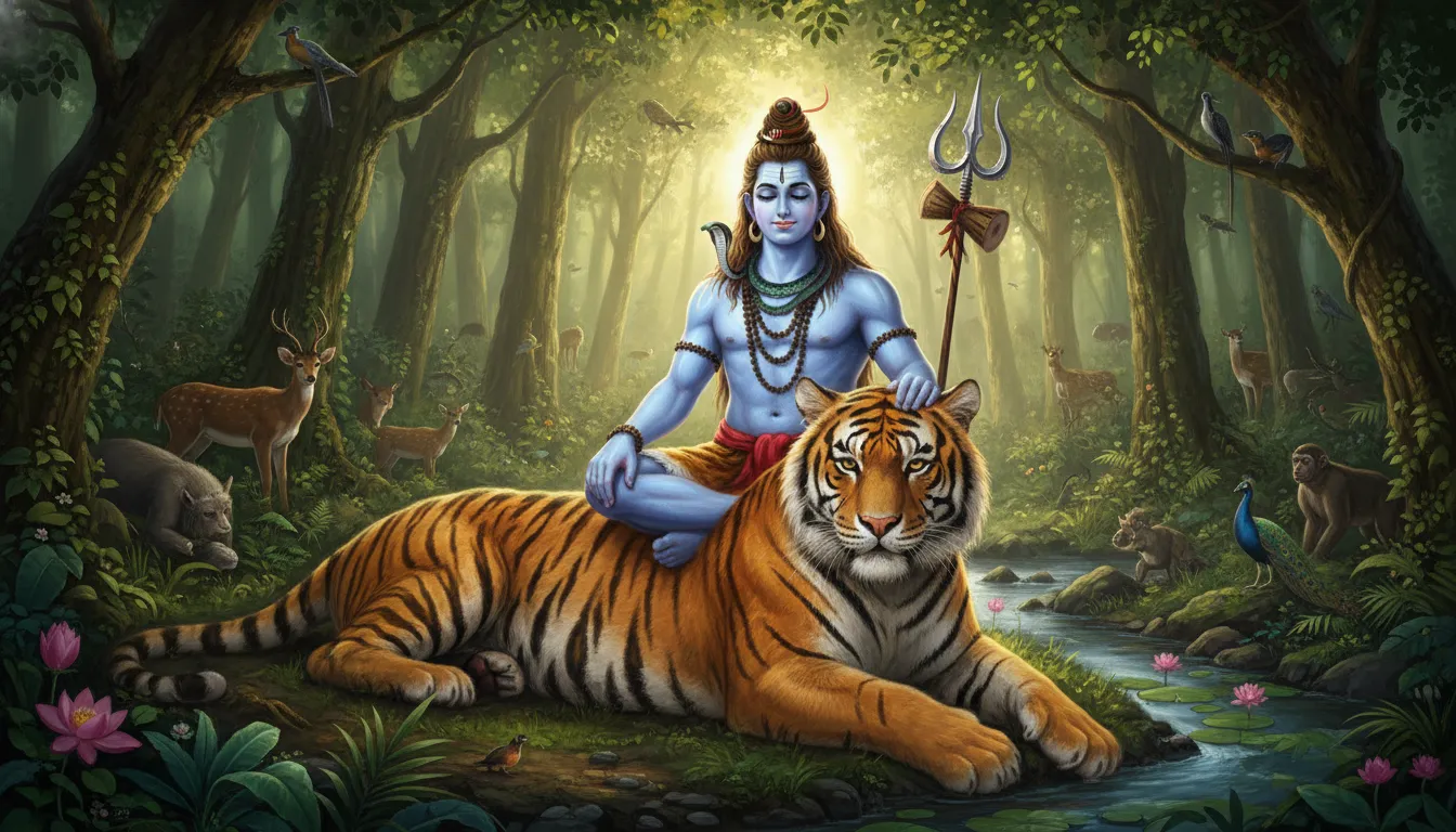Lord Shiva sitting with tigress and cubs nature fantasy art
