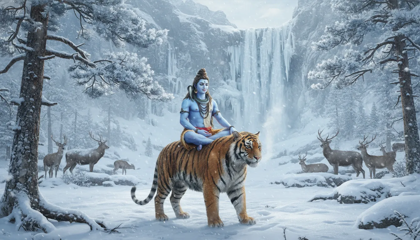 Lord Shiva with tiger in bioluminescent fantasy night forest art