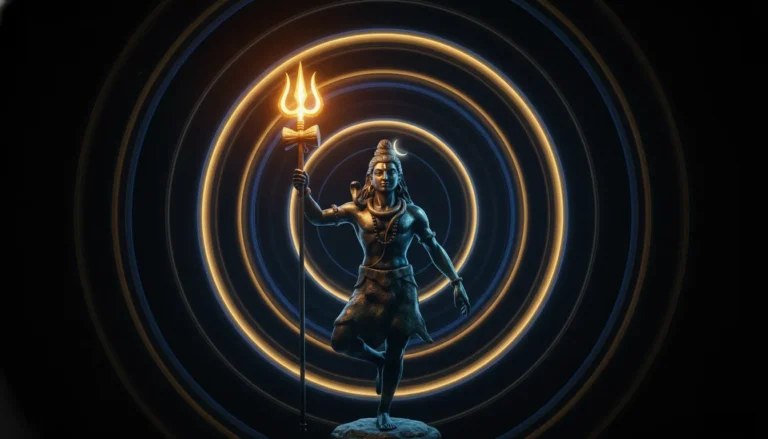 Shiva holding trident with divine symbols glowing in his presence