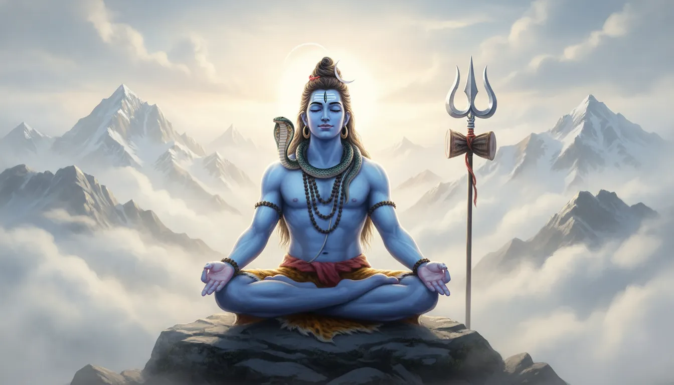Lord Shiva seated in meditation with trident beside him and serpent around neck