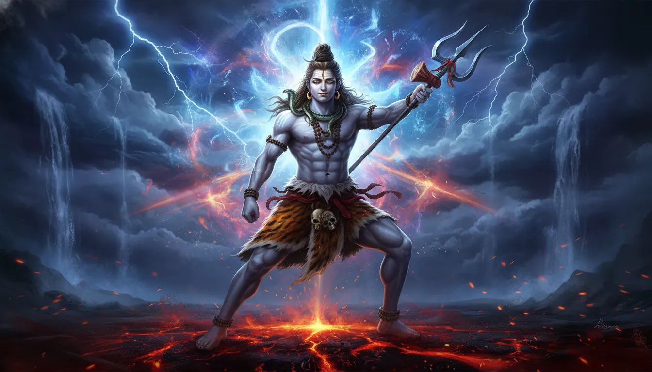 Lord Shiva standing in a powerful battle stance holding a glowing golden trident amid cosmic energy.