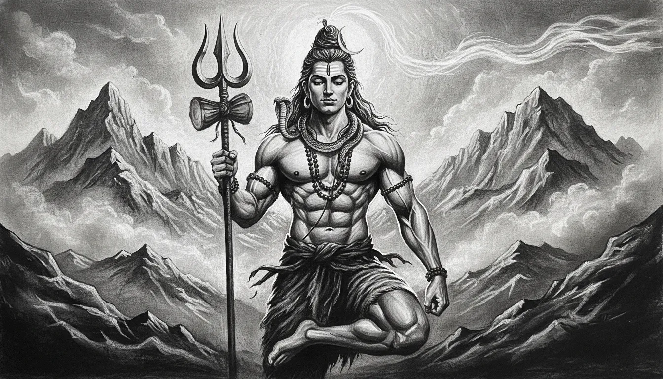 Shiva holding trident standing in calm mountain background monochrome