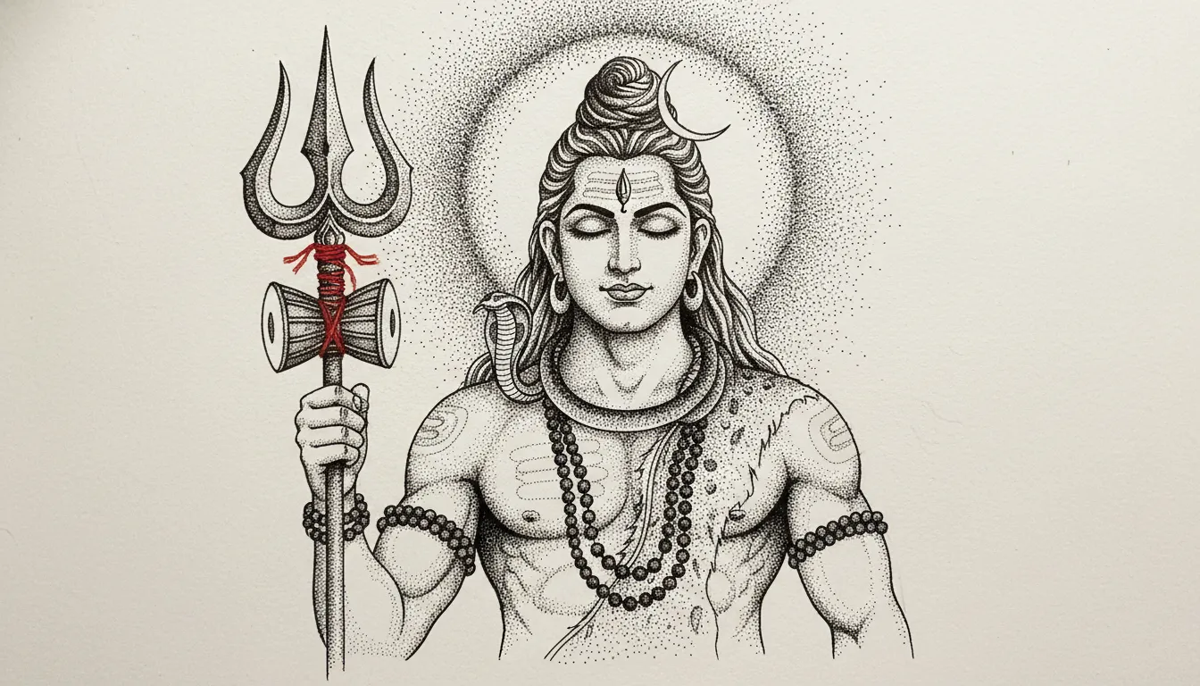 Ink and pen drawing of Lord Shiva holding his powerful Trishul against a glowing sun background.