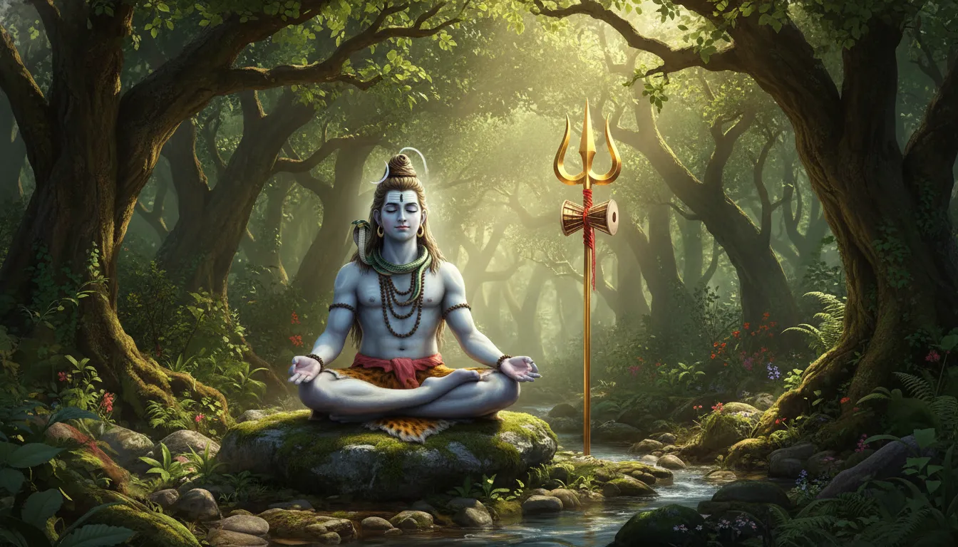 Pura Mahadev photos showing Lord Shiva sitting peacefully with his Trishul and Damru.