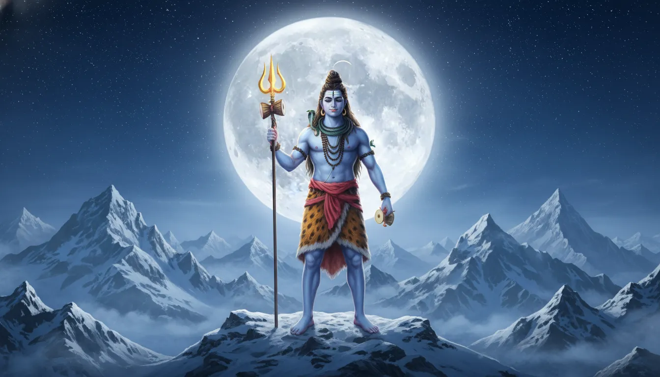 Lord Shiva holding trishul and damaru in Himalayan background