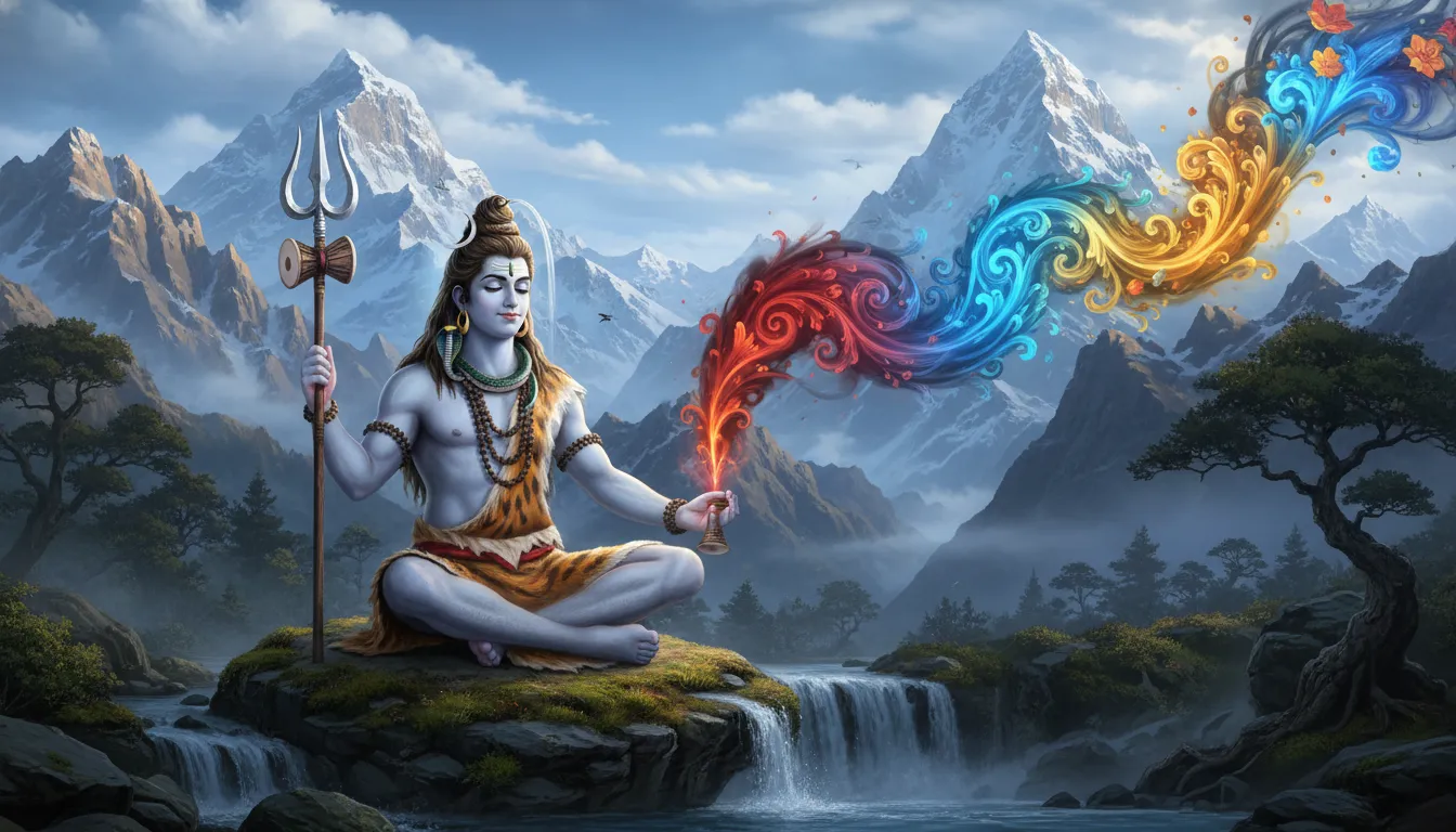 Lord Shiva holding trishul and damru with calm expression in mountain background