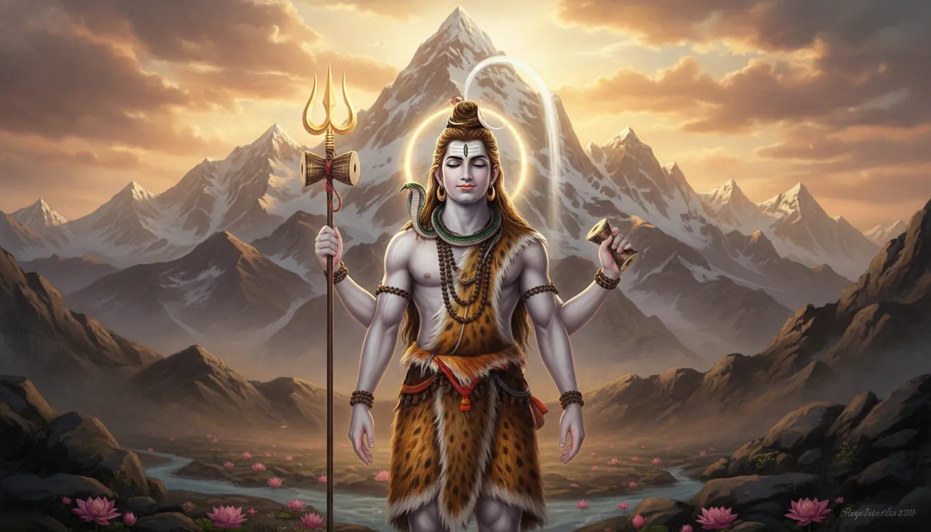 Lord Shiva HD 1080p image with trishul and glowing Himalayan background.