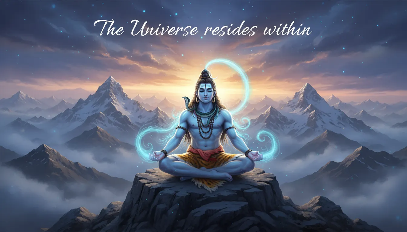 Digital art of Lord Shiva meditating on a mountain with glowing blue aura and quote “Death is just a new beginning”