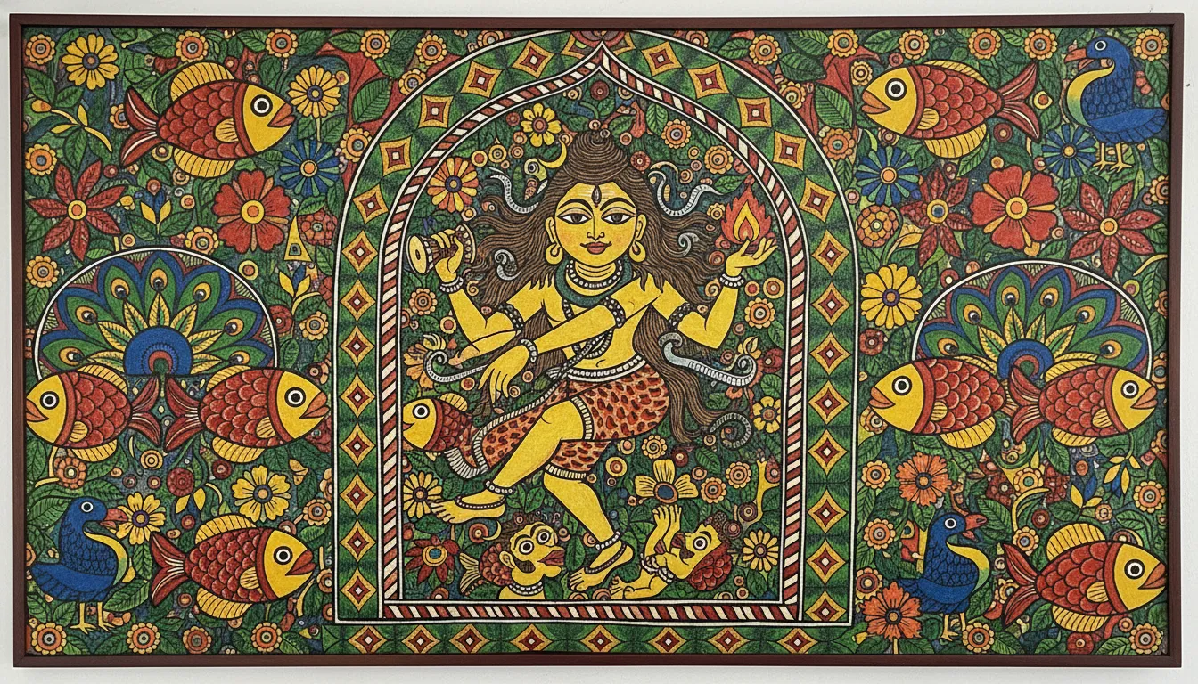 Madhubani folk art style Nataraja painting with traditional folk arch pattern