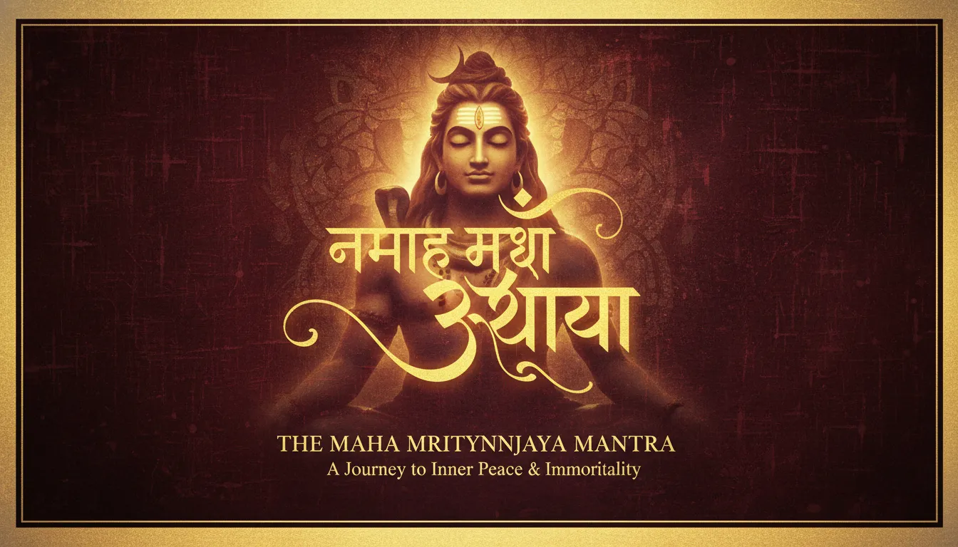 Sacred Maha Mrityunjaya Mantra written in golden Sanskrit typography with Mahadev silhouette.