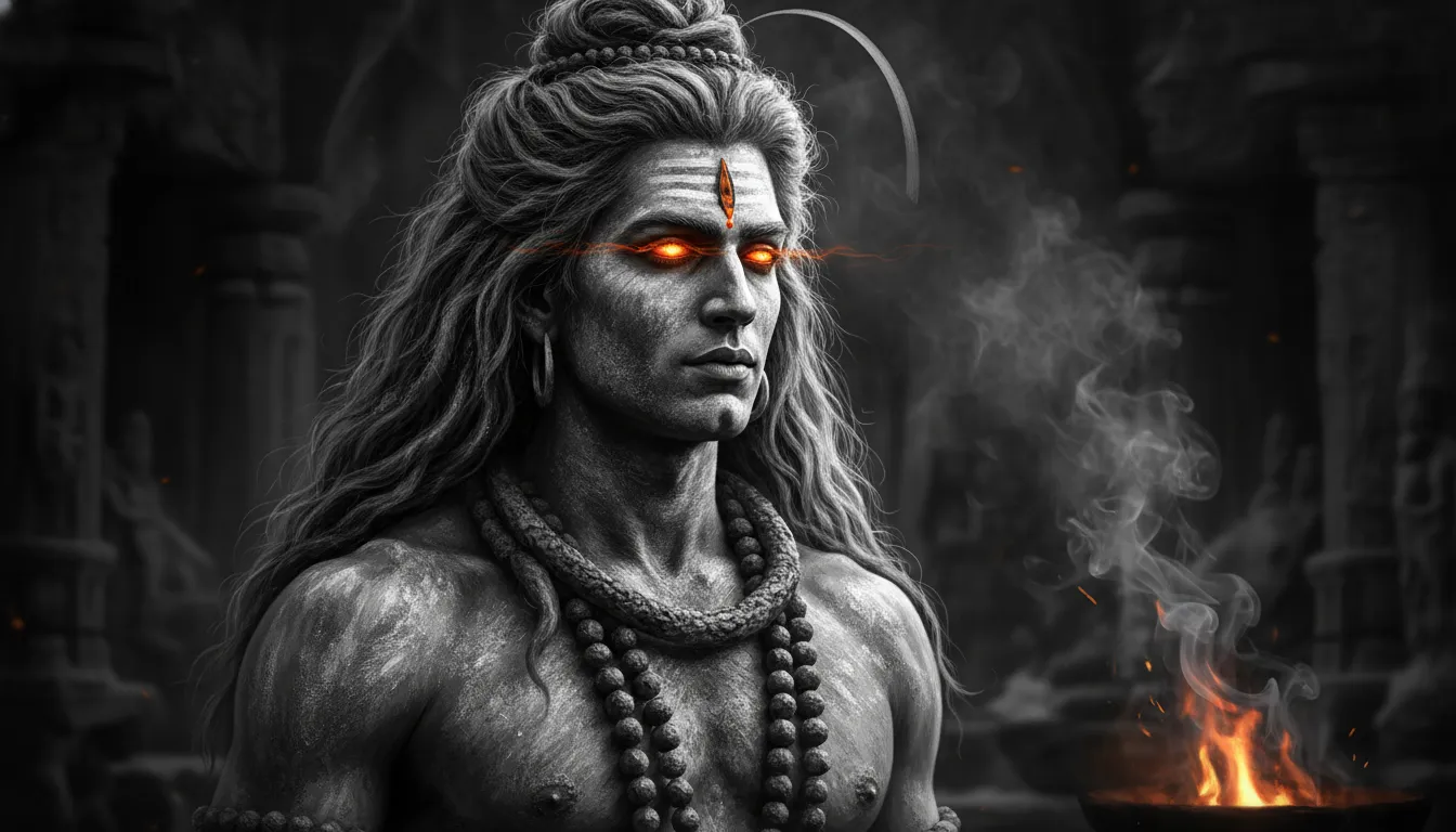 Intense and mystical Aghori avatar of Mahadev with holy ash status photo.
