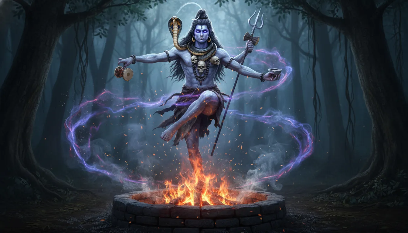 Lord Shiva as Aghori performing Tandav surrounded by sacred ash and glowing ritual fire.