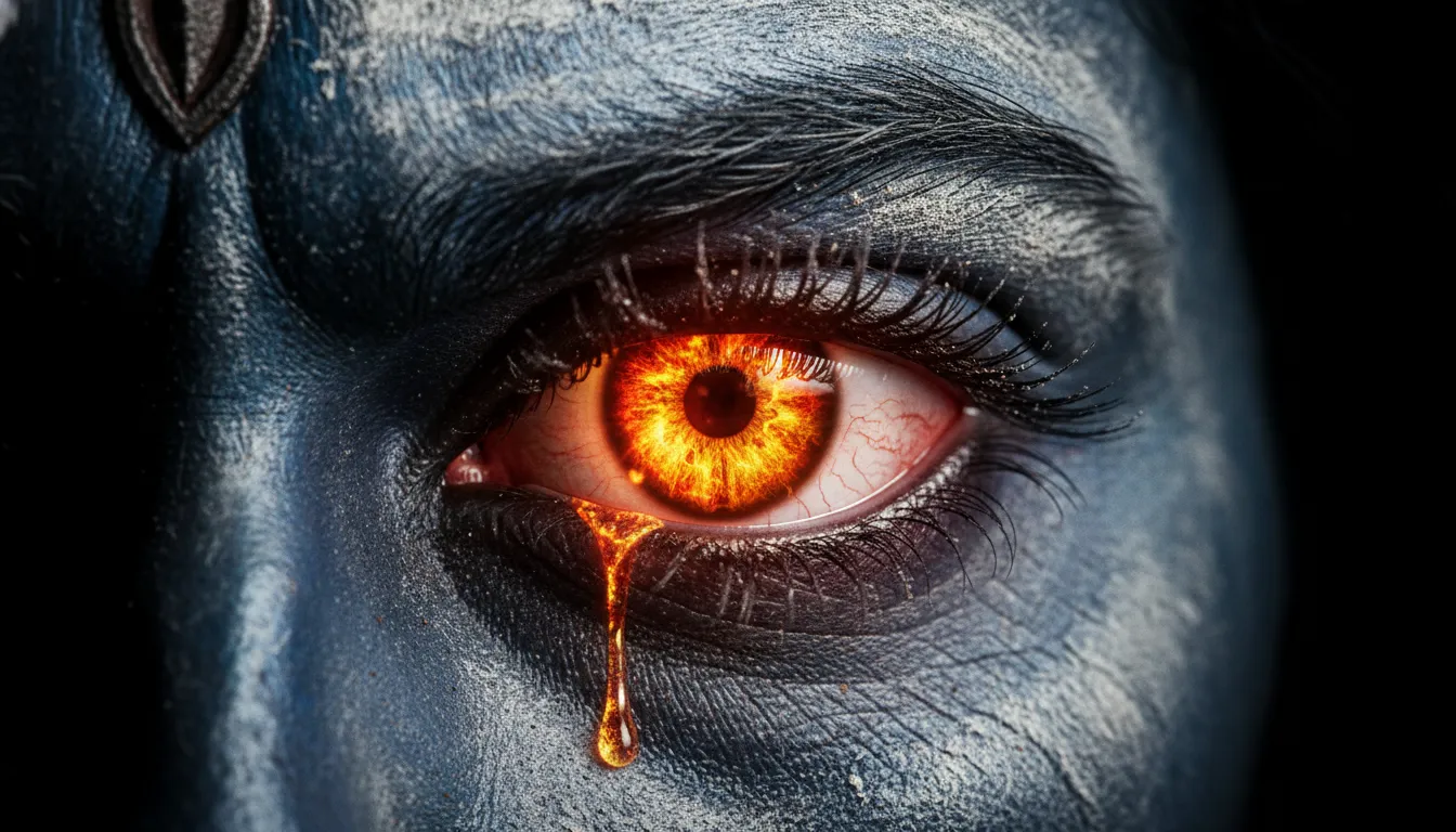Extreme macro shot of Lord Shiva angry eye with red glow