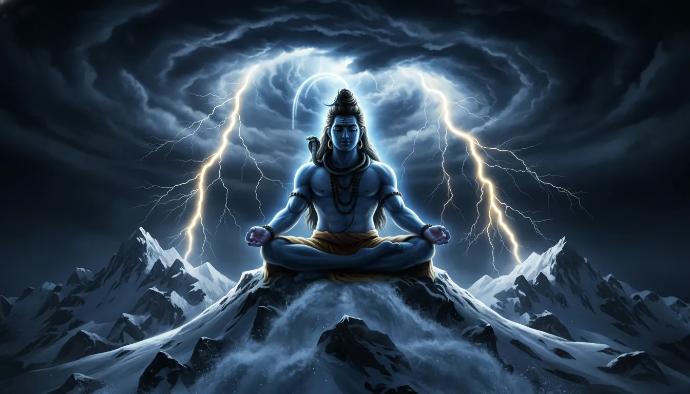 : Dangerous Mahadev wallpaper HD download sitting on Mount Kailash during a lightning thunderstorm.