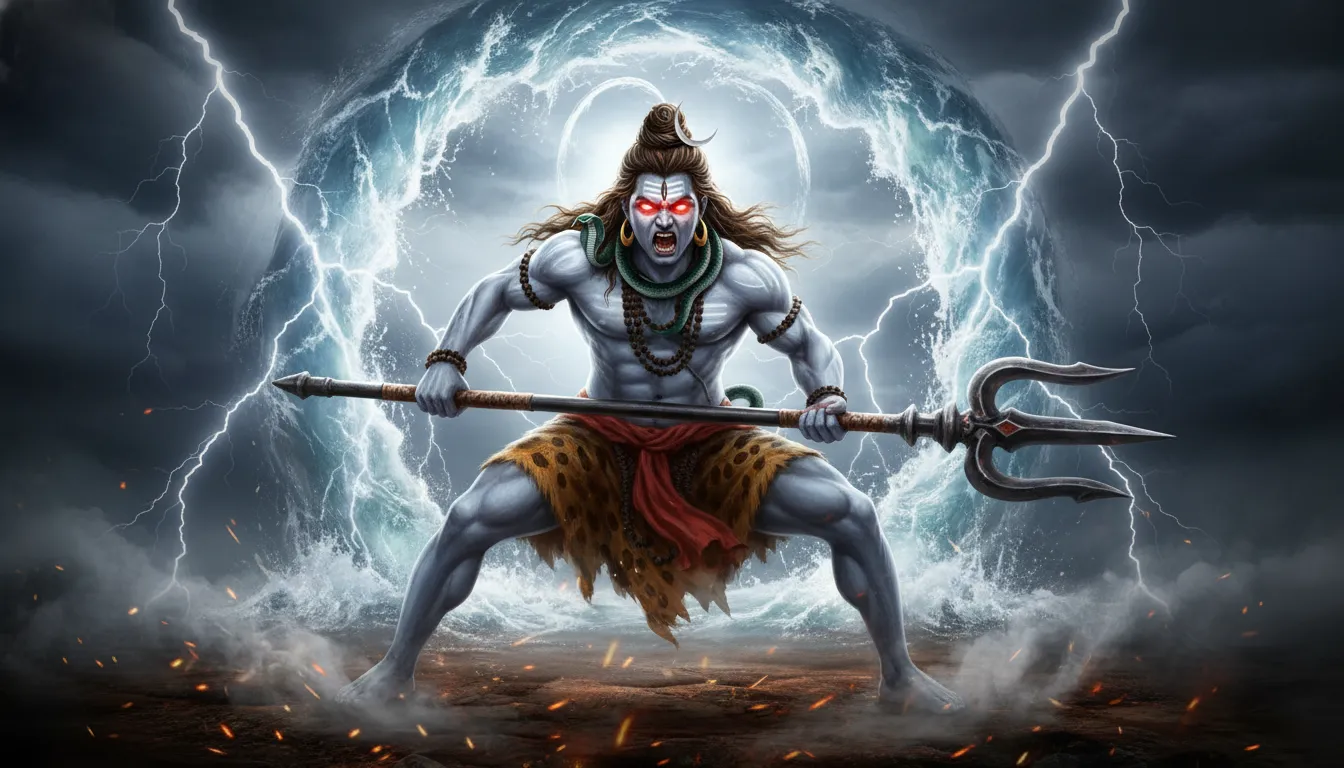 Angry Mahadev in warrior posture holding a sharp trishul against a background of lightning and thunder.