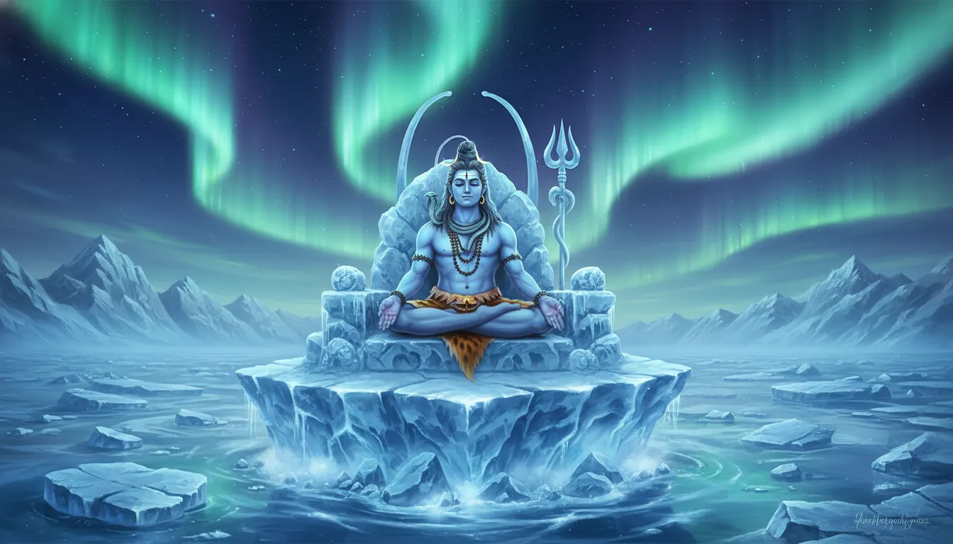 Lord Shiva sitting in meditation under aurora lights with a moonlit mountain background