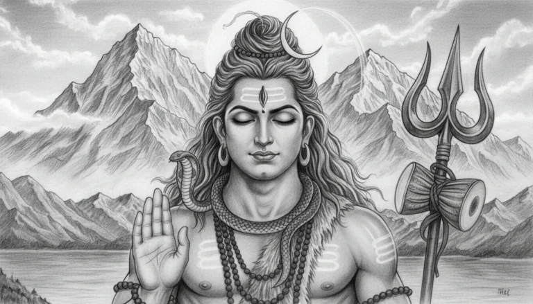 Mahadev black and white drawing with mountains and trishul